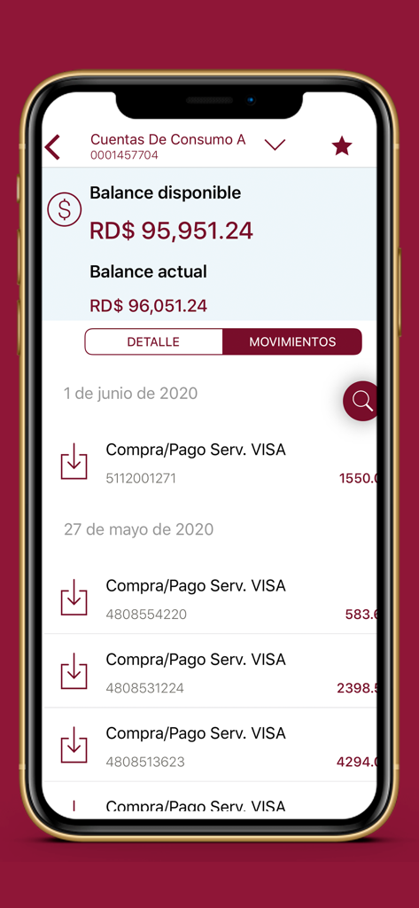 Interfaz de la aplicación móvil ADAP en Línea mostrando saldos de cuentas e historial de transacciones en Pesos Dominicanos