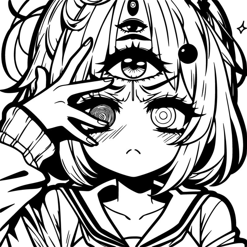 manga character girl looking in pain and her having a third eye