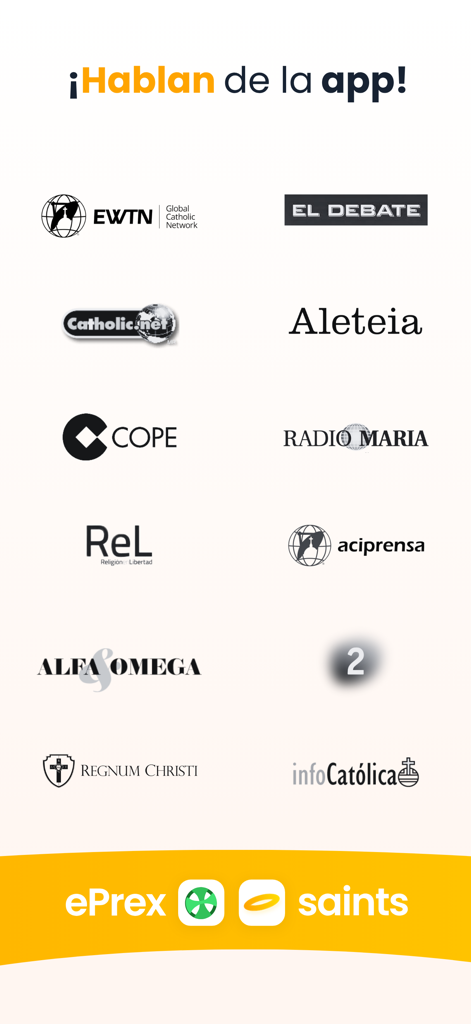 ePrex: Liturgia Horas - Saints - Logos de grands médias et organisations catholiques, dont EWTN Radio Maria et Aleteia, qui ont présenté l'application ePrex.