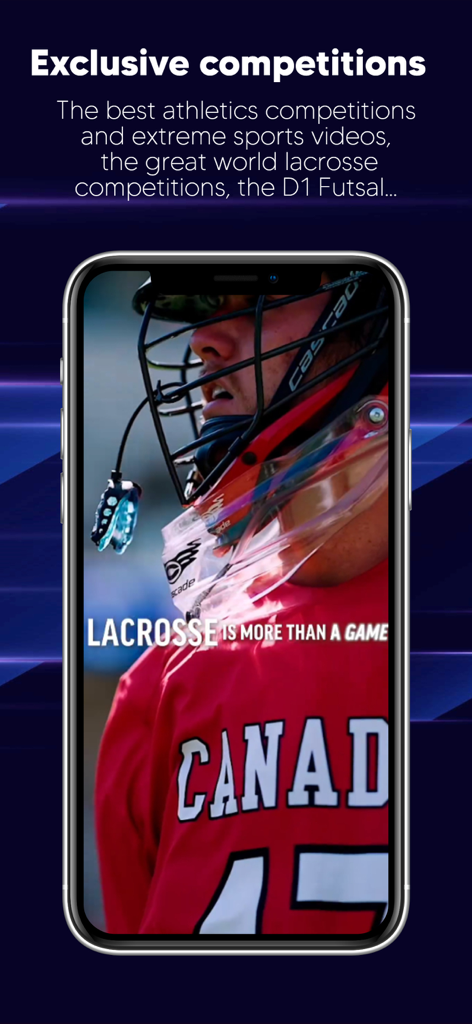 Sportall app showing exclusive lacrosse and extreme sports competitions on a smartphone.