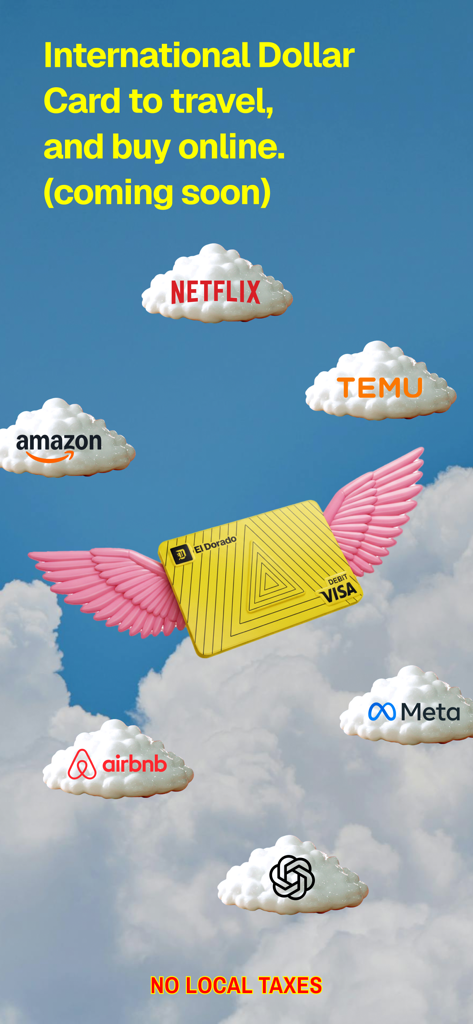 Eine gelbe El Dorado Visa Debitkarte mit Flügeln, die zwischen Cloud-Logos von Netflix, Amazon und Airbnb für internationale Online-Einkäufe fliegt.