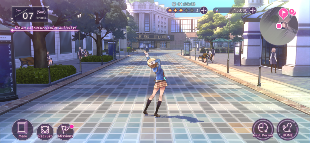 Personagem de anime Ruka Kayamori se espreguiçando em uma praça externa 3D dentro do jogo Heaven Burns Red