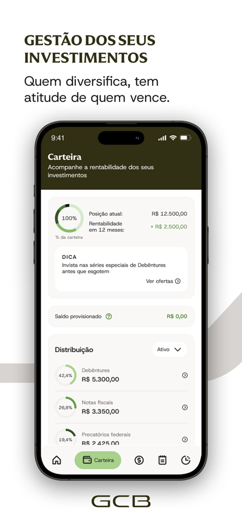 Investment portfolio dashboard in the GCB Investimentos app displaying asset distribution and returns