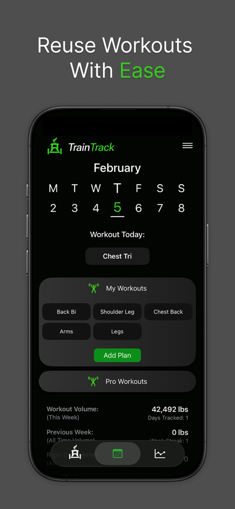 TrainTrack - Strength Tracker - Interfaz de la aplicación TrainTrack que muestra un calendario de ejercicios de febrero y una lista de rutinas de entrenamiento guardadas para su reutilización.
