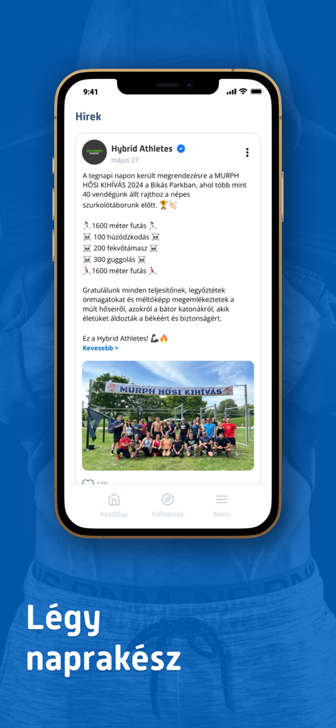 SportMate mobile app community news feed showing a fitness challenge post with a group photo of athletes