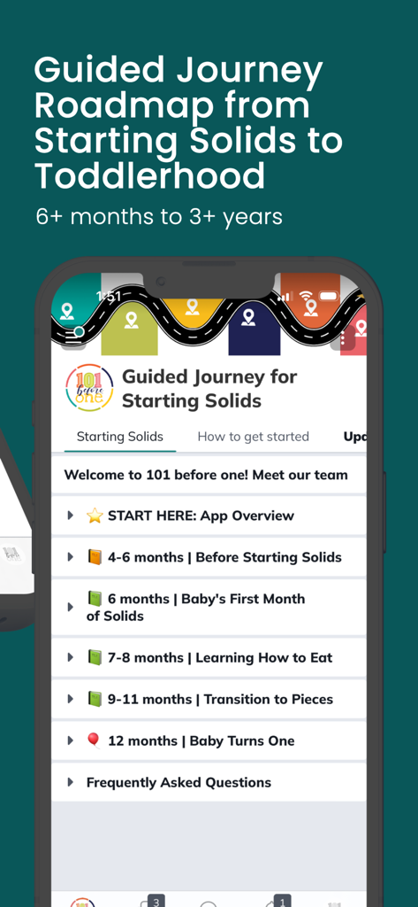 Feuille de route guidée dans l'application 101 avant un an pour commencer la diversification des solides pour bébé et la transition vers la petite enfance.