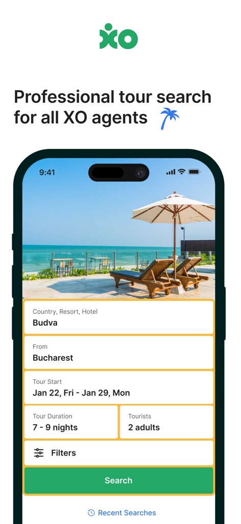 XO Pulse - A mobile app interface for professional tour searching with fields for destination, departure city, dates, and number of tourists.