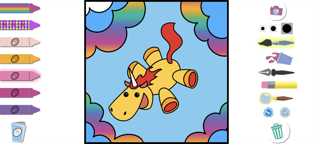 A digital coloring book page from Unicorn Catch featuring a yellow unicorn with drawing tools and colorful crayons
