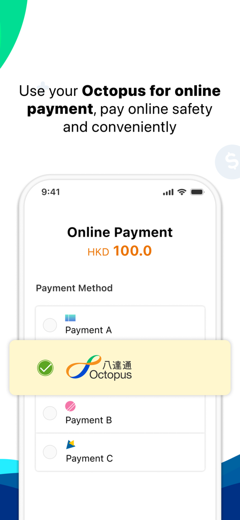 Interface of Octopus app showing the selection of Octopus as a payment method for an online transaction