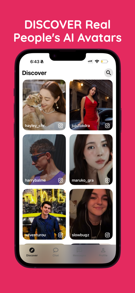 Pookie: Be friends anonymously - Mobile app interface of the Pookie Discover screen featuring a grid of real people's AI avatars for anonymous interaction.