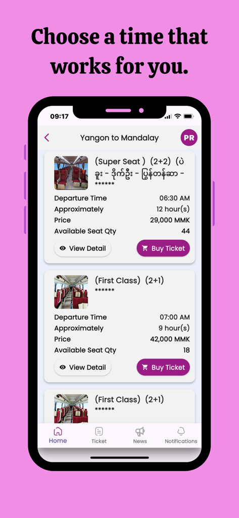 JJ Express Myanmar - JJ Express Myanmar mobile app screen showing bus ticket options and departure times from Yangon to Mandalay