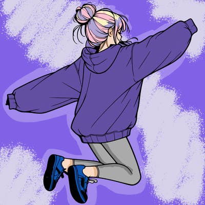 realistic girl jumping with a bun and oversized sweatshirt