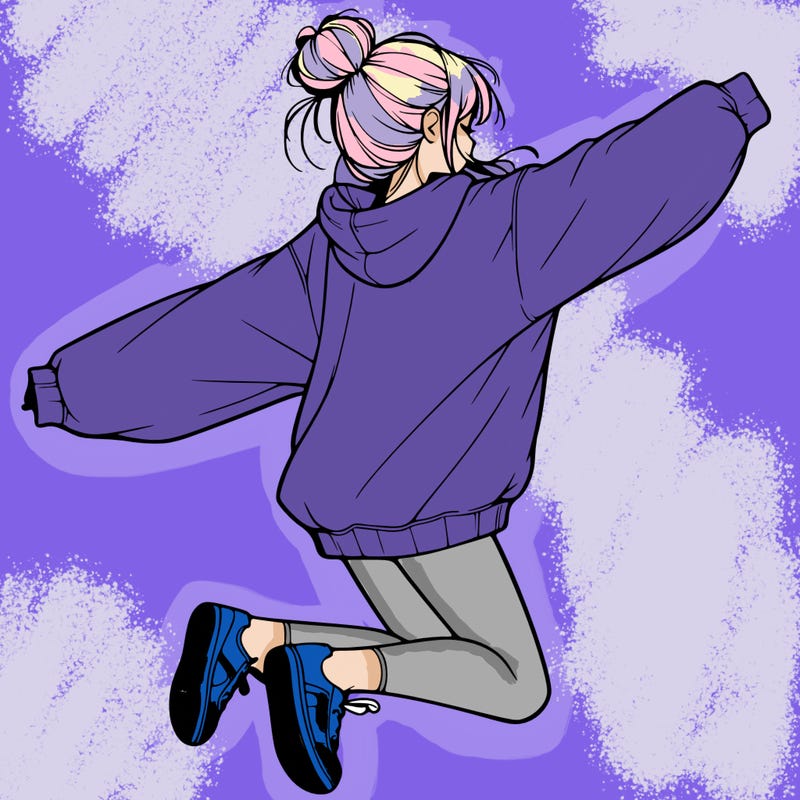 realistic girl jumping with a bun and oversized sweatshirt