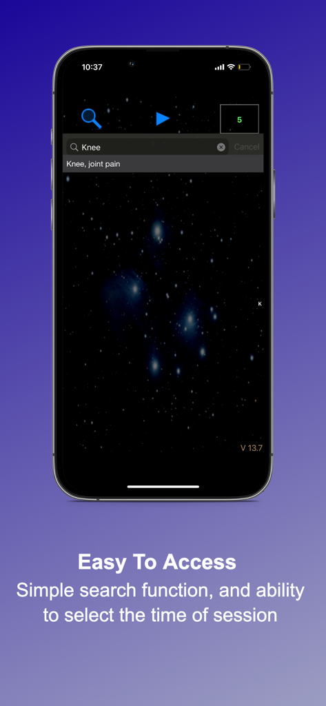 ROYAL RIFE APP - Smartphone screen showing the Royal Rife App search interface for knee and joint pain with a starry background