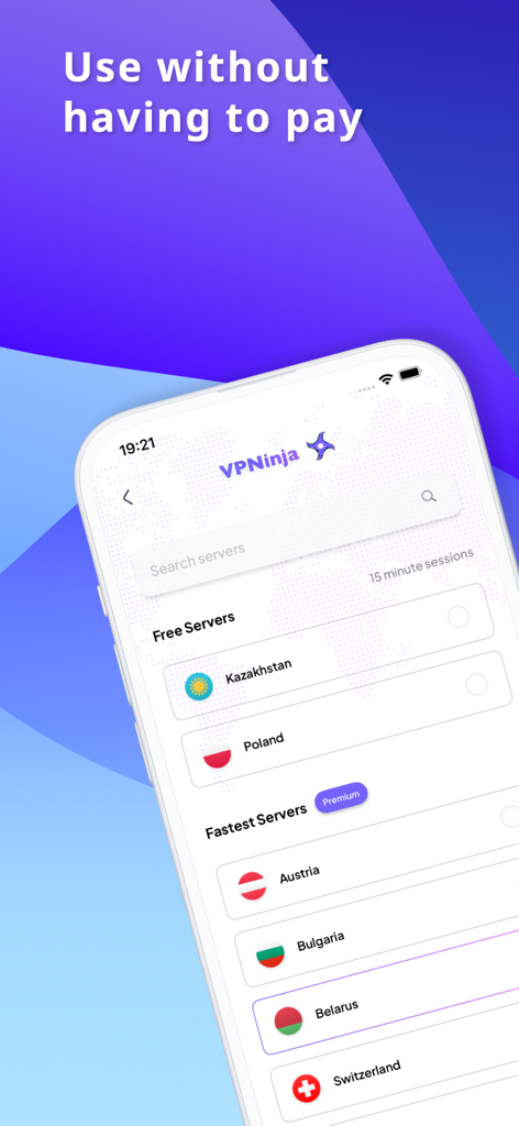VPN Ninja mobile app interface showing various free and premium global server locations