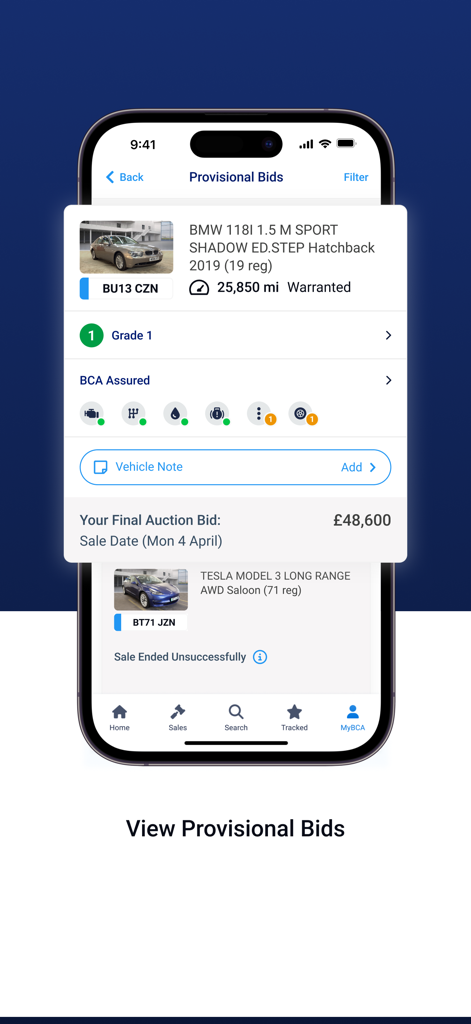 BCA Buyer - BCA Buyer app screen showing provisional auction bids for vehicles with details on grade and pricing