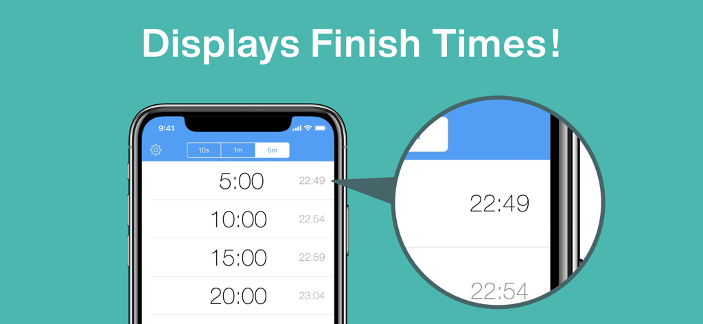 Simple Timer & Alarm ListTimer - ListTimer interface showing timer durations and their exact finish times on an iPhone screen