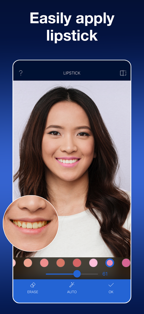 Interfaz de la aplicación de edición de fotos mostrando la aplicación de lápiz labial IA y las funciones de blanqueamiento de dientes en un retrato.