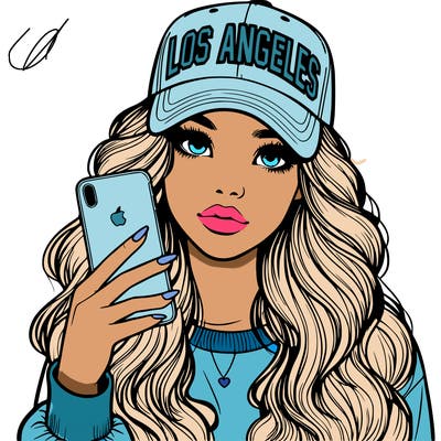 realistic beautiful girl wearing los ángeles cap holding an iphone
