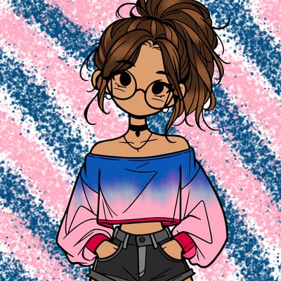 girl with a messy ponytail glasses a baggy crop top and jean shorts
