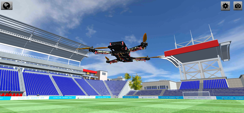 Drone FPV volant dans un simulateur de stade de football