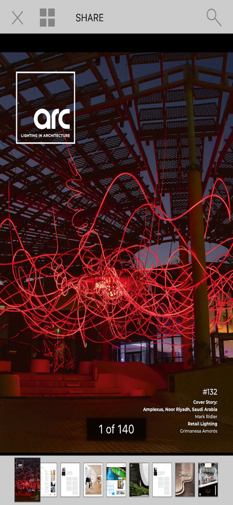 arc Magazine - Digital interface of arc Magazine featuring an architectural lighting installation cover story.
