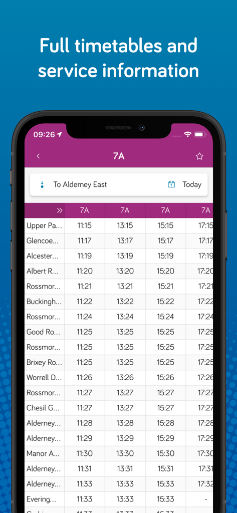 More buses - More buses app screen showing a detailed bus timetable for route 7A
