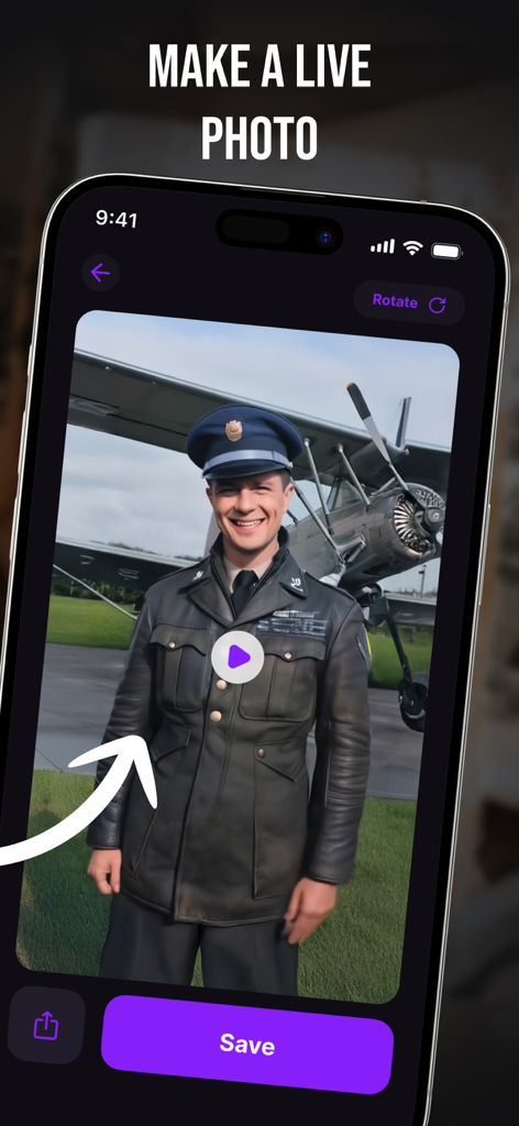 Live Photo: AI Image Generator - Live Photo app interface animating a historical pilot photograph with AI technology