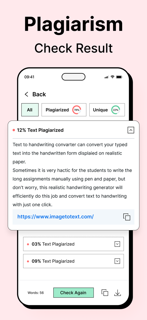 A mobile phone screen displaying a plagiarism check result with a detailed breakdown of unique and plagiarized text percentages