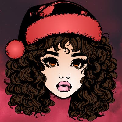 realistic girl with a santa hat curly hair and lips