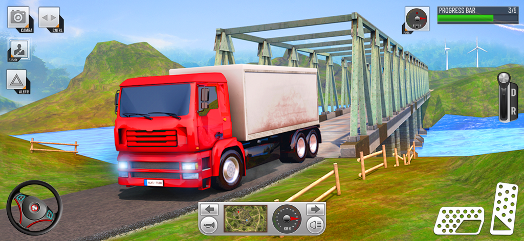 Um caminhão de carga vermelho dirigindo em uma estrada cênica em direção a uma ponte de metal com cenário de montanha e turbinas eólicas ao fundo.