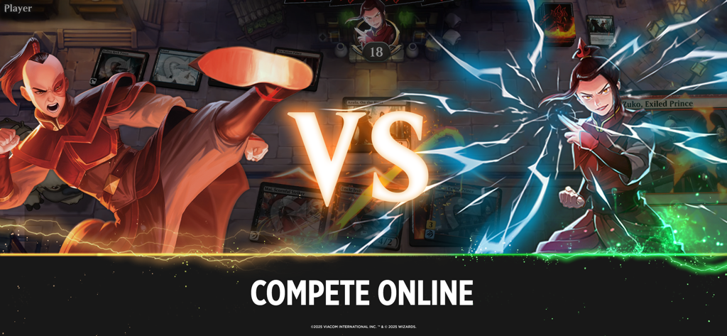 Magic: The Gathering Arena - Ein kompetitiver Online-Match-Bildschirm in Magic The Gathering Arena, der einen Versus-Kampf zwischen zwei Charakteren zeigt