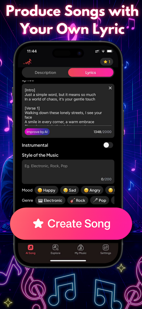 MelodyAI:AI Song & Music Maker - Smartphone screen of MelodyAI app showing lyrics input and music style options to create a song