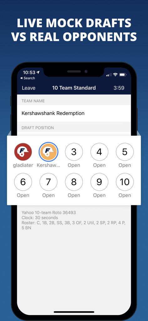 A mobile interface of the Fantasy Baseball Draft Wizard app showing a live mock draft setup screen for a ten team league against real opponents.