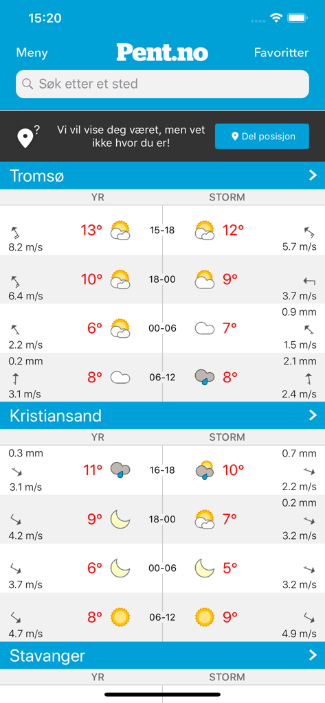 Side-by-side weather forecast comparison from Yr and Storm on the Pent.no mobile app interface
