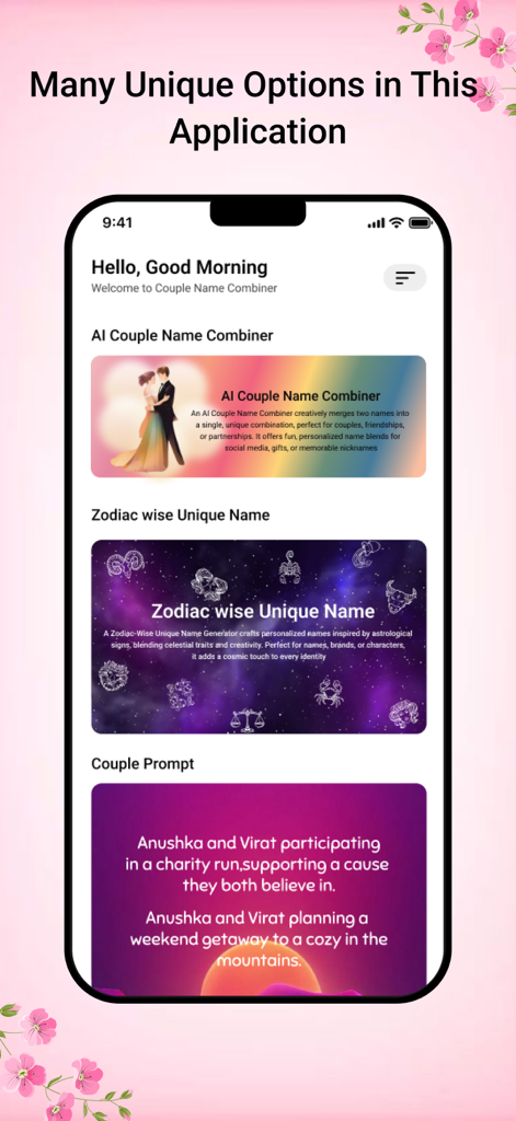 Couple Name Combiner AstroNams - Interface of the AstroNams app showing AI name combiner and zodiac-based name generation features