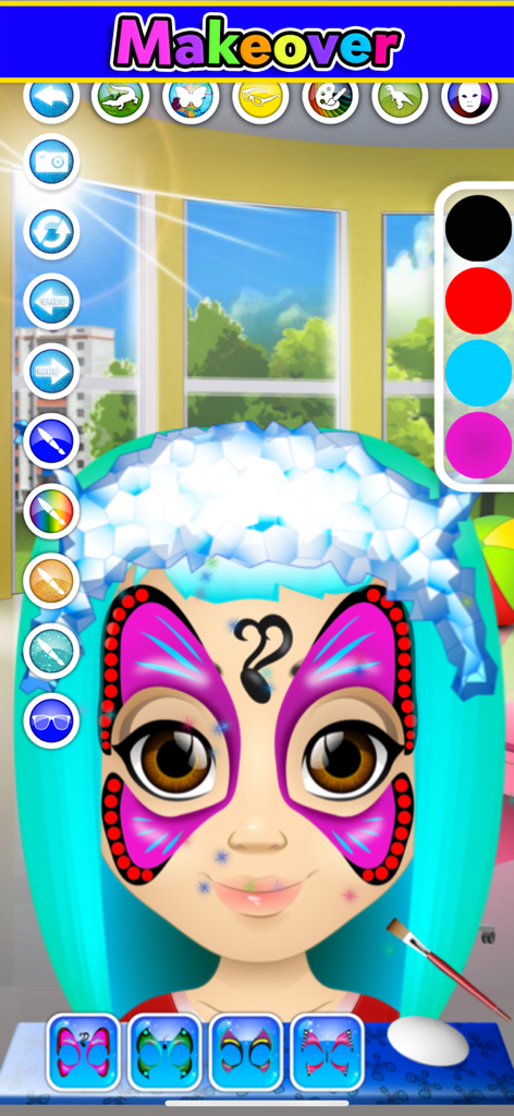 Kids Face Paint: Coloring Game - Diseño de pintura de mariposa en la cara de un personaje femenino en el juego de colorear Kids Face Paint