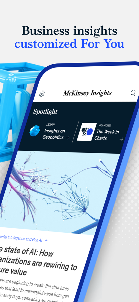 McKinsey Insights - The home screen of the McKinsey Insights app displaying personalized business insights and articles on AI and geopolitics.
