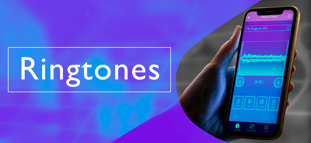 Ringtones for iPhone: Infinity - Una persona che tiene in mano un iPhone che mostra l'interfaccia del creatore di suonerie personalizzate con una forma d'onda sonora e controlli di editing.