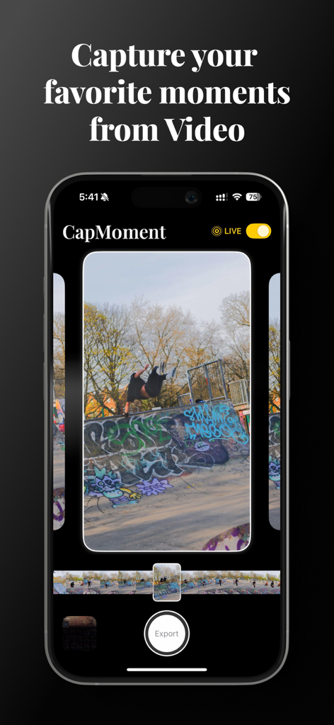 CapMoment - Video to Live - CapMoment app interface showing a skateboarder video being converted into a Live Photo
