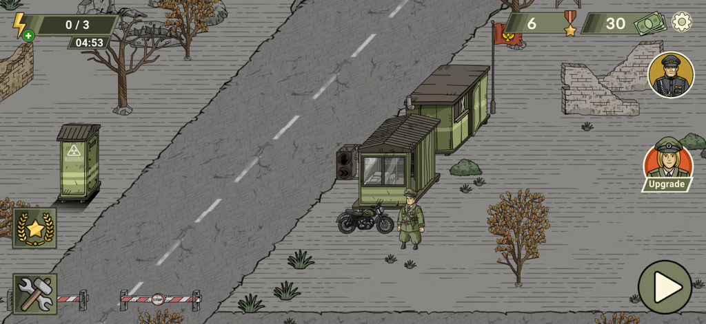 Black Border 2 Lite - Vista de arriba hacia abajo de la base de un puesto de control de patrulla fronteriza que muestra edificios, un oficial y una motocicleta