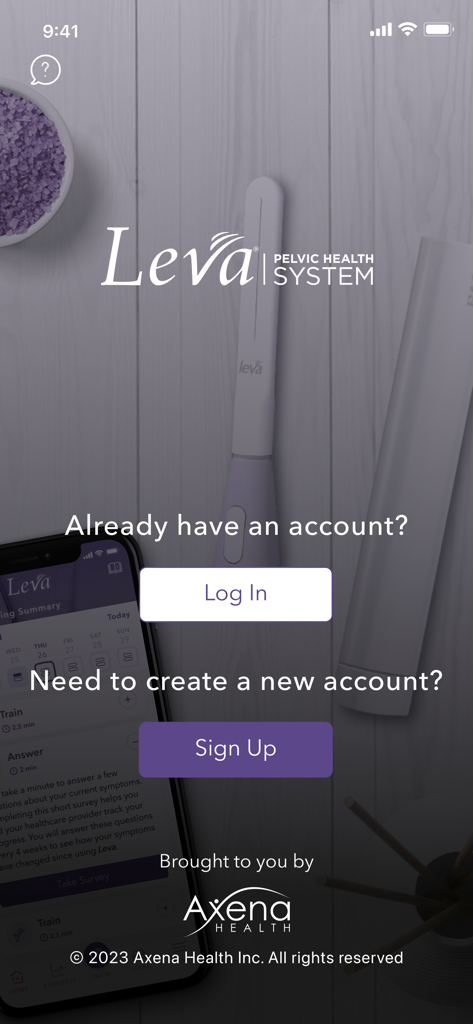 Leva - Leva Pelvic Health System login and sign up screen with medical device background