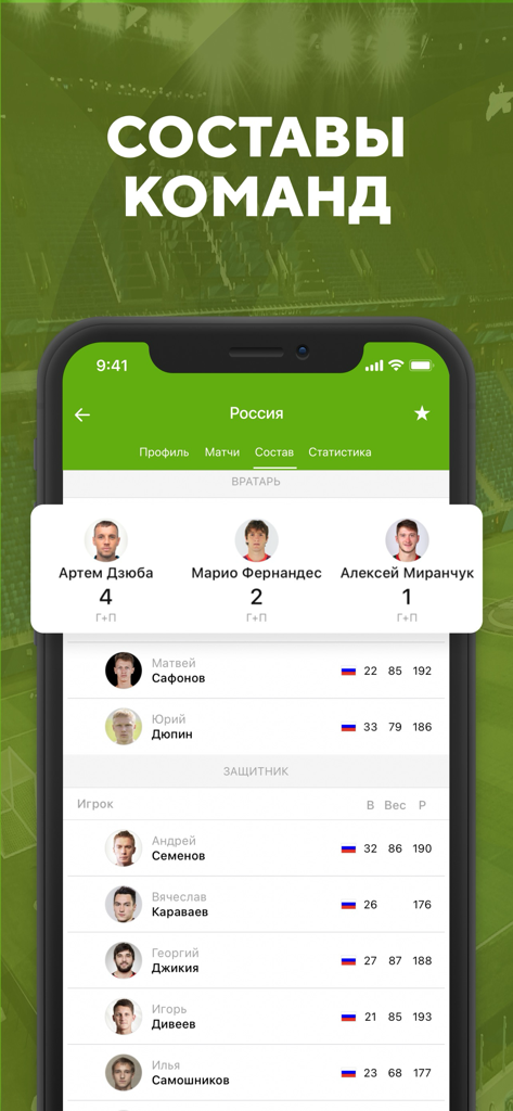 Футбол: результаты матчей 2023 - Team lineup screen of a Russian football app showing player names and stats