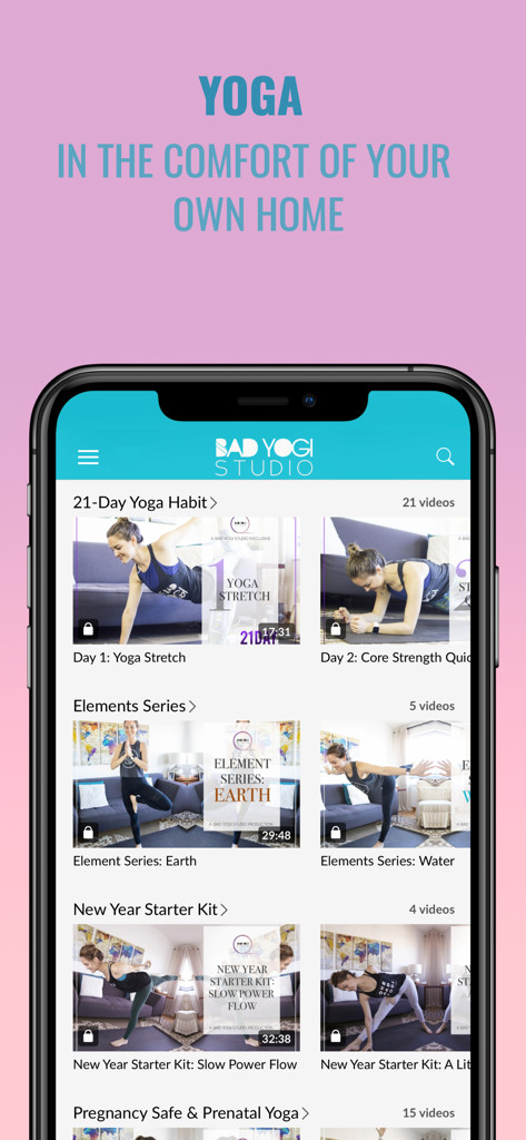 Bad Yogi Studio - Bad Yogi Studio app interface showing various yoga video series for practicing at home