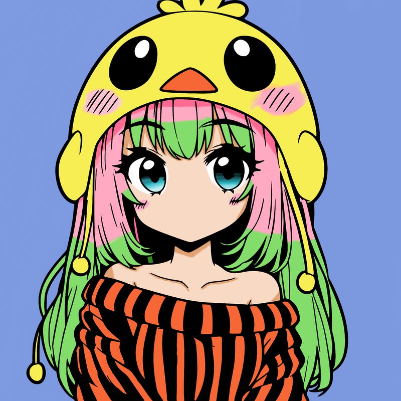 anime girl with chick shaped hat with sweater with bare shoulders with bangs covering them one eye with low tail