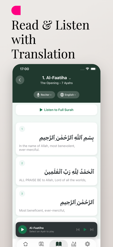Prayer Times 2026: Ramadan - Benutzeroberfläche der Gebetszeiten App, die den Heiligen Koran mit arabischem Text, englischer Übersetzung und Audio-Player zeigt