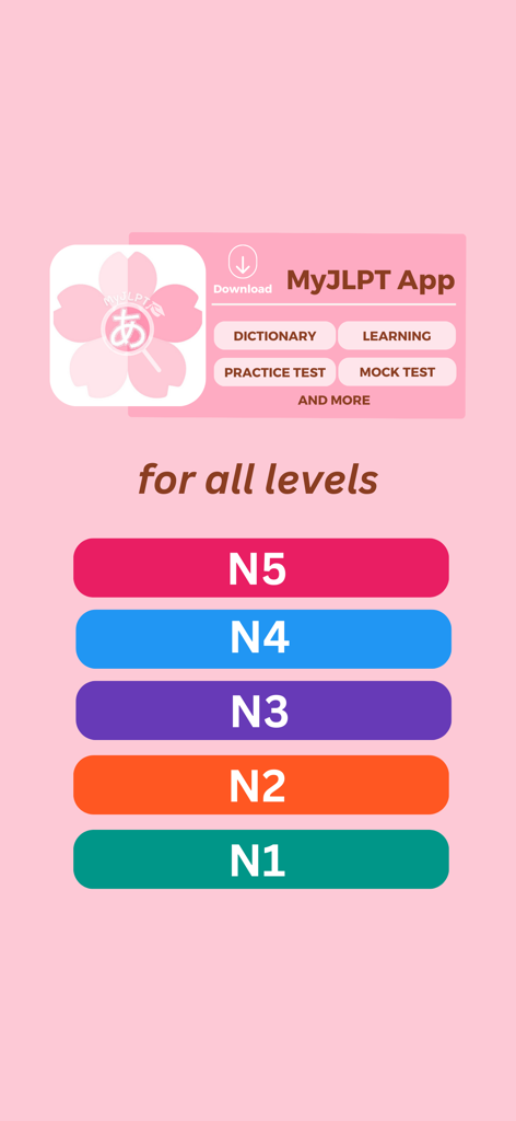 MyJLPT - Tela inicial do aplicativo MyJLPT mostrando os níveis de proficiência em japonês N5 a N1 e recursos de estudo como dicionário e simulados