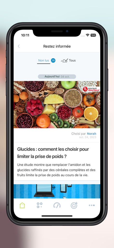 B-neXt CARE app dashboard showing a personalized health article on nutrition and weight management
