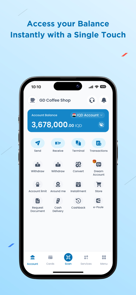 First Iraqi Bank for Business - Panel de la aplicación del Primer Banco Iraquí para Empresas que muestra el saldo de la cuenta e iconos de servicios financieros