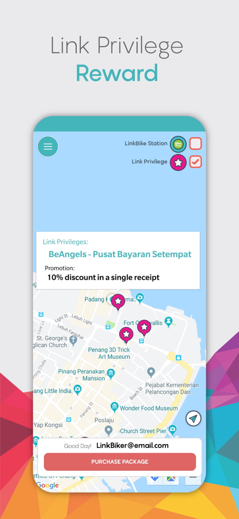 LinkBike V2 - LinkBike app interface showing a map of George Town with local privilege reward locations and a discount offer